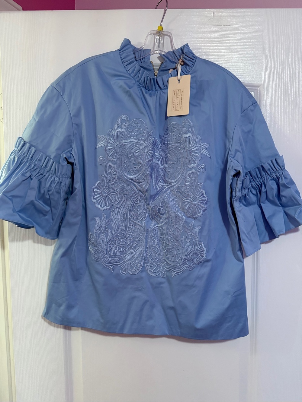 Ted Baker Sky Blue Ruffle Sleeve Embroidered Blouse
